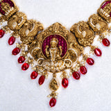 Deep Nakas Mahalakshmi With Red Poliks in CZ Studded Short Necklace 24kt Gold Polish