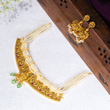Deep Nakas Lakshmi studded With Green Polkis, CZ And Pearls Short Necklace in 24kt Gold Polish