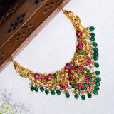 Deep Nakas Mahalakshmi In Cz Studded Pink And Green Kundan Studded Short Necklace 24kt Gold polish