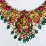 Deep Nakas Mahalakshmi In Cz Studded Pink And Green Kundan Studded Short Necklace 24kt Gold polish