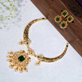 Deep Nakas Cz Studded With Green Gem Stone Short Necklace With Earrings in 24kt Gold Polish