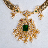 Deep Nakas Cz Studded With Green Gem Stone Short Necklace With Earrings in 24kt Gold Polish