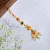 Mahalakshmi With Green and white CZ Maang Tikka in 24kt Gold Polish