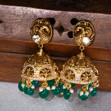 Deep Nakas Peacock In Cz Studded With Green Polkis Jhumkas 24kt Gold Polish