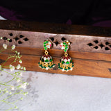 Peacock Green and Pink Kundan with Moissanite Jhumkas in 24kt Gold Polish