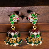Peacock Green and Pink Kundan with Moissanite Jhumkas in 24kt Gold Polish