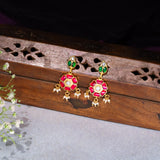Pink Kundan Flower Droplets With Pearls Earrings in 24kt Gold Polish