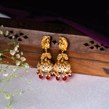 Deep Nakas Peacock in Cz Studded With Red Poliks Jhumkas 24kt Gold Polish