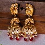 Deep Nakas Peacock in Cz Studded With Red Poliks Jhumkas 24kt Gold Polish