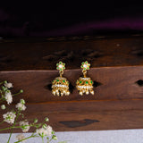 Flower Studded With Cz And Green Stone Earrings 18kt Gold Polish