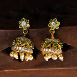 Flower Studded With Cz And Green Stone Earrings 18kt Gold Polish