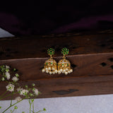 Flower In Green Stone With Cz Studded Earrings 18kt Gold Polish