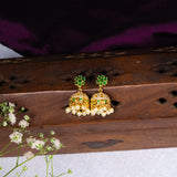 Flower In Green Stone With Cz Studded Earrings 18kt Gold Polish