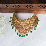 Deep Nakas Gajalaksmi With Pink Kundan And Green Polkis Choker in CZ studded 24kt Gold Polish
