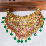 Deep Nakas Gajalaksmi With Pink Kundan And Green Polkis Choker in CZ studded 24kt Gold Polish