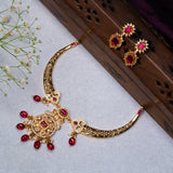 Deep Nakas Cz Studded With Red Gem Stone Short Necklace With Earrings in 24kt Gold Polish