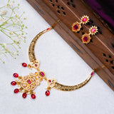 Deep Nakas Cz Studded With Red Gem Stone Short Necklace With Earrings in 24kt Gold Polish