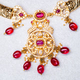 Deep Nakas Cz Studded With Red Gem Stone Short Necklace With Earrings in 24kt Gold Polish