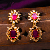 Deep Nakas Cz Studded With Red Gem Stone Short Necklace With Earrings in 24kt Gold Polish