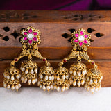 3 Layered Rice pearl Kundan Jhumkas in 24kt Gold Polish