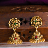 Deep Nakas Flower Shaped With Green Stones Gold Plated Jhumkas
