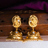 Deep Nakas Moissanite in Leaf With Peacock and White Pearls 24kt Gold Polished Jhumkas