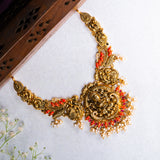 Deep Nakas Lakshmi With Orange Coral And Cz  Studded Short Necklace 24kt Gold polish