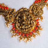 Deep Nakas Lakshmi With Orange Coral And Cz  Studded Short Necklace 24kt Gold polish