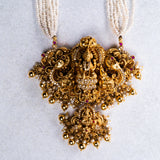 Deep Nakas Gajalakshmi in pearls long Necklace with CZ Studed 24kt Gold Polish