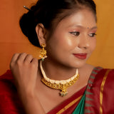 Deep Nakas Lakshmi studded With Green Polkis, CZ And Pearls Short Necklace in 24kt Gold Polish