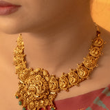 Deep Nakas Sunflower in CZ Studded with Green Polkis Short Necklace 24kt Gold Polish