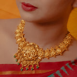 Deep Nakas Sunflower in CZ Studded with Green Polkis Short Necklace 24kt Gold Polish