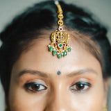 Deep Nakas Lakskhmi in Pink And Green Kundan Maangtikka 24kt Gold Polish