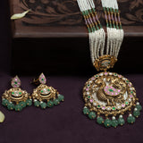 Deep Nakas Peacock Kundan Necklace with Pink Stone And Green  Earrings 24kt Gold polished