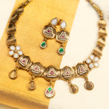 Deep Nakas Kundan Short Necklace Triangular Shape With Earrings White Stone Red & Green Ruby 24kt Gold polished