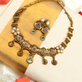 Deep Nakas Kundan Short Necklace Triangular Shape With Earrings White Stone Red & Green Ruby 24kt Gold polished