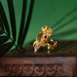 Deep Nakas Cental Part Textured Ridged Design With Leaf Elements Finger Ring Kundan  Pink Ruby 24kt Gold polished