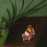 Deep Nakas Cental Part Textured Ridged Design With Leaf Elements Finger Ring Kundan  Pink Ruby 24kt Gold polished