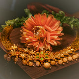 Deep Nakas Toned Choker Necklace With Matching Earrings Floral And Leaf Designs Kundan Green and Pink Ruby 24kt Gold polished