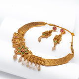 Deep Nakas Toned Choker Necklace With Matching Earrings Floral And Leaf Designs Kundan Green and Pink Ruby 24kt Gold polished