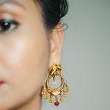 Deep Naka Moon Shape Peacock Pearl Earrings Chandbali Kundan Pumpkin Beads 24kt Gold polished