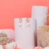 Baguette Cut Earrings With Pearl Droplets  In Rose Gold