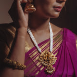 Deep Nakas Gajalakshmi in pearls long Necklace with CZ Studed 24kt Gold Polish