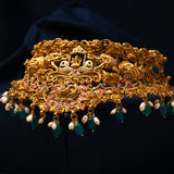 Deep Nakas Gajalaksmi With Pink Kundan And Green Polkis Choker in CZ studded 24kt Gold Polish