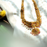 Deep Nakas Peacocok With Red Polkis in CZ Studed And Mossianite Long Necklace 24kt Gold Polish
