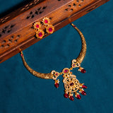 Deep Nakas Cz Studded With Red Gem Stone Short Necklace With Earrings in 24kt Gold Polish