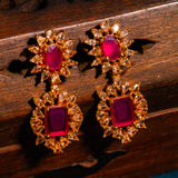 Deep Nakas Cz Studded With Red Gem Stone Short Necklace With Earrings in 24kt Gold Polish