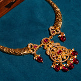 Deep Nakas Cz Studded With Red Gem Stone Short Necklace With Earrings in 24kt Gold Polish