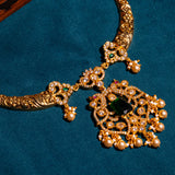 Deep Nakas Cz Studded With Green Gem Stone Short Necklace With Earrings in 24kt Gold Polish