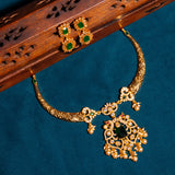 Deep Nakas Cz Studded With Green Gem Stone Short Necklace With Earrings in 24kt Gold Polish